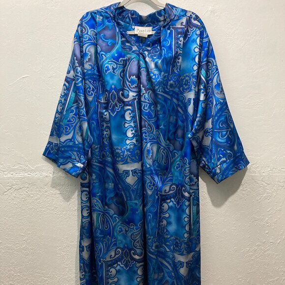 Mona Lisa Women’s Nightgown Robe Maxi Dress Made In USA Satin Paisley Blue PL - Picture 3 of 14